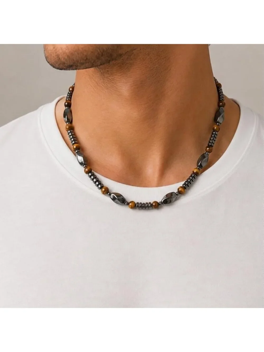 Men's Tiger Eye & Hematite Beaded Necklace - Natural Stone Jewelry, Magnetic